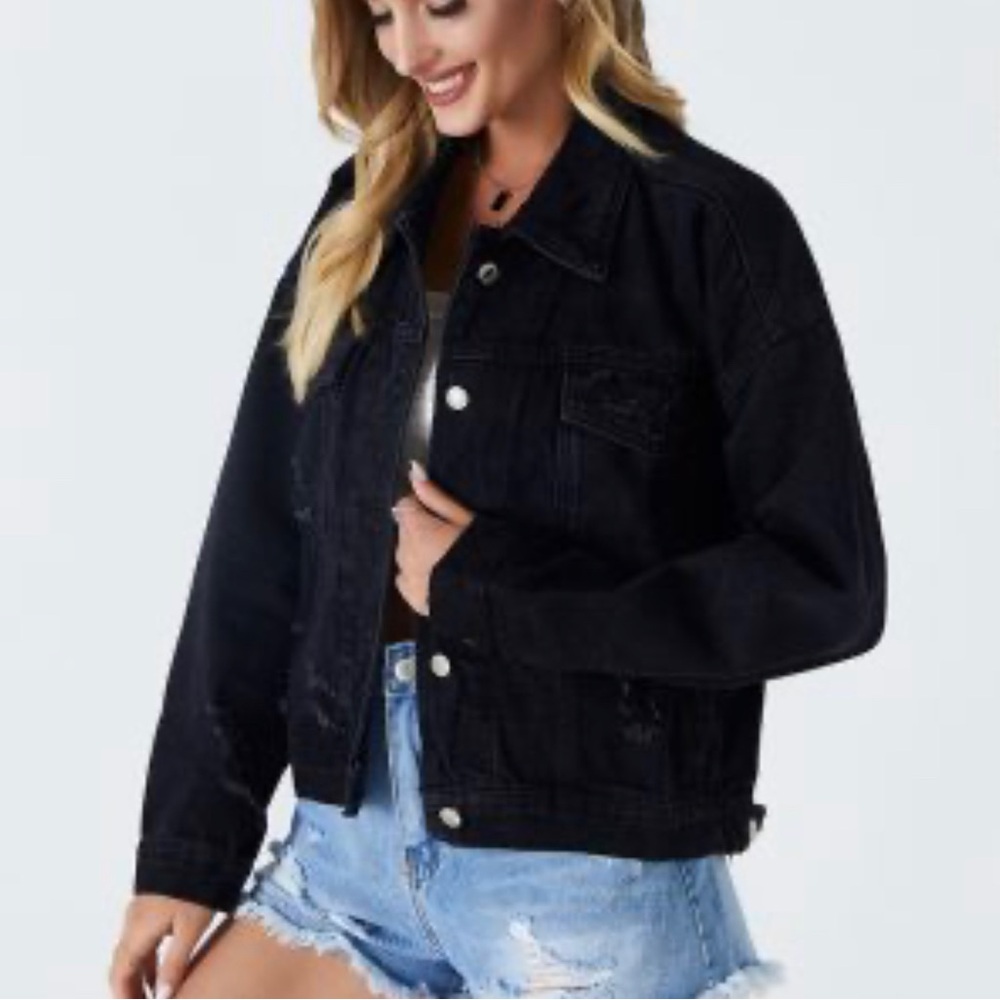 Oversized Black Trucker Jean Jacket PACSUN Denim Unworn Distressed Sz M Festival